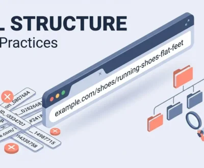 url-structure-best-practices-square Clean URL structure with folder, hyphenated slug and parameter guiding a search crawler past messy duplicate URLs