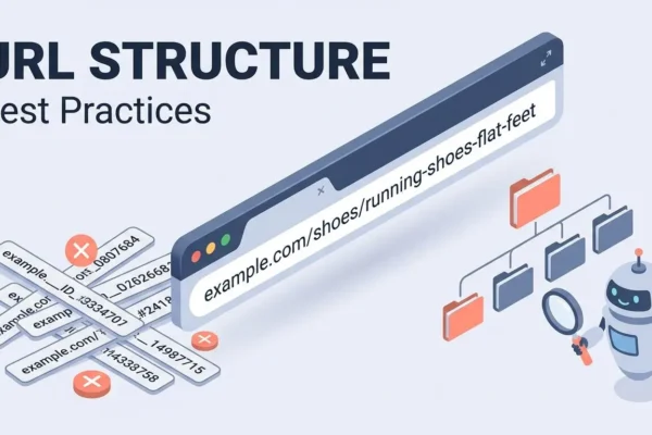 url-structure-best-practices-square Clean URL structure with folder, hyphenated slug and parameter guiding a search crawler past messy duplicate URLs